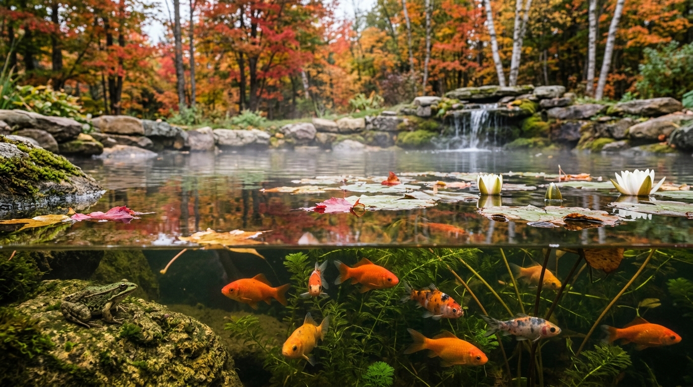 Le bassin en automne avec poissons rouges